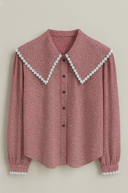 Vintage Maroon Printed Shirt with Oversized Collar & Lace Trim