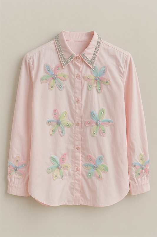 Pastel Pink Crystal Collar Shirt with Floral Appliqué
