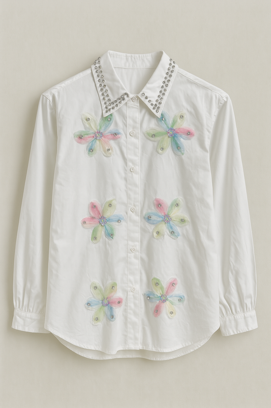 White Crystal Collar Shirt with Pastel Floral Appliqué