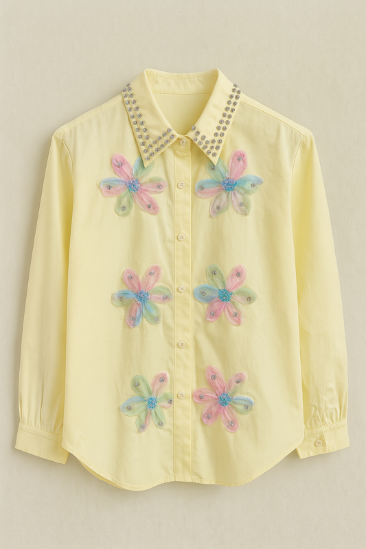 Sunshine Yellow Crystal Collar Shirt with Pastel Floral Appliqué