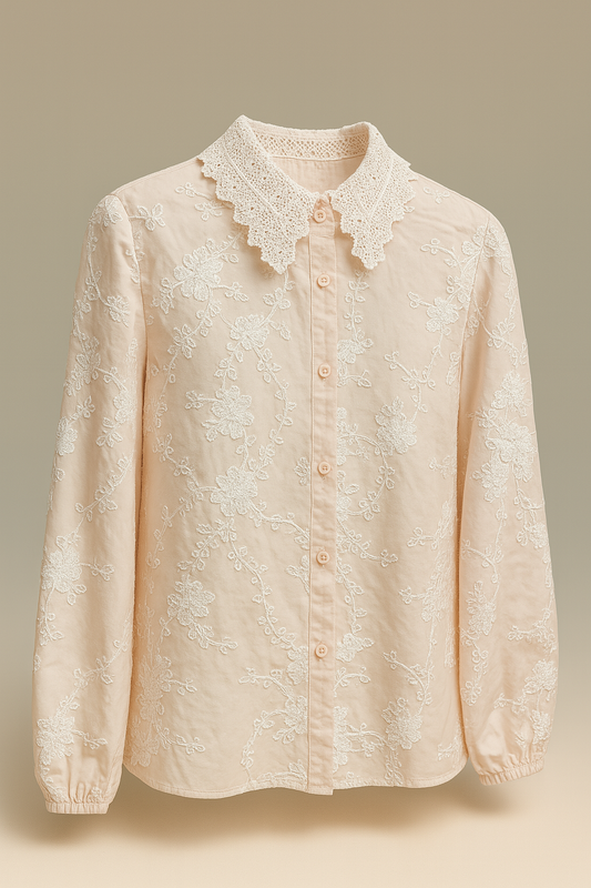 Ivory Floral Embroidered Shirt with Crochet Collar