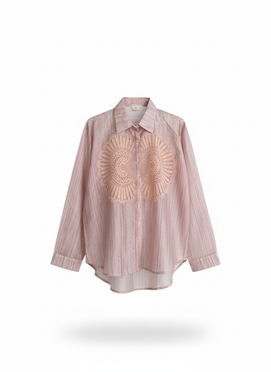 Blush Striped Shirt with Statement Crochet Panel