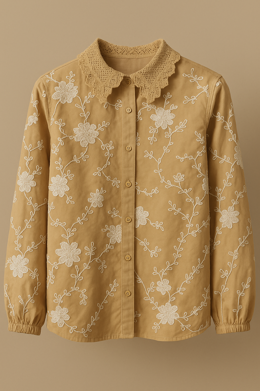 Golden Mustard Embroidered Shirt with Crochet Collar