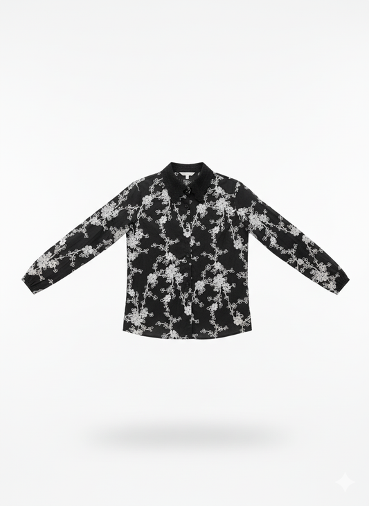 Luxury Black Embroidered Shirt with Crochet Collar