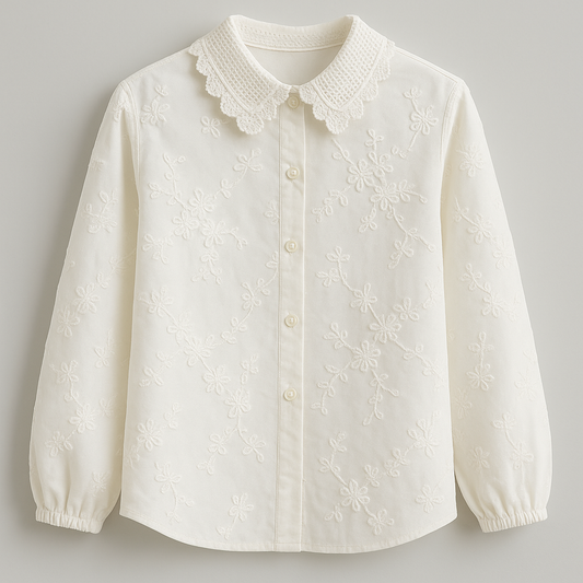 Classic White Embroidered Shirt with Crochet Collar