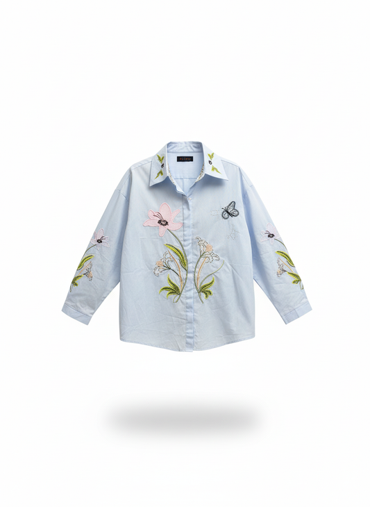 Classic Collar Embroidered Cotton Shirt – Blue ( S , M , L )