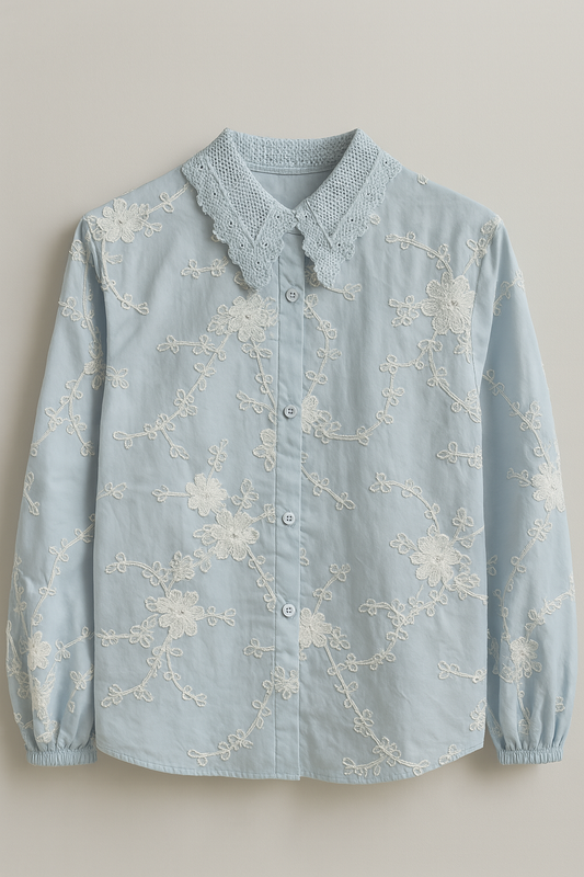 astel Blue Embroidered Shirt with Crochet Collar